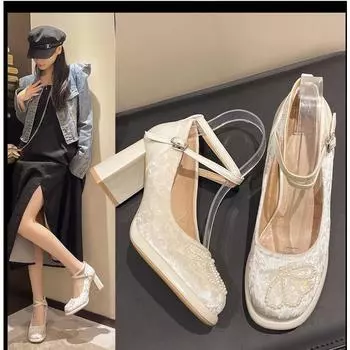 Роскошные замшевые туфли Jane для женщин Винтажные туфли на высоком каблуке с жемчугом Весенние новые туфли-лодочки на толстом каблуке с круглым носком и пряжкой на ремешке 35 абрикосовый