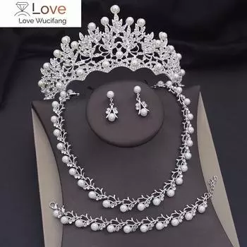 Роскошные жемчужные свадебные комплекты украшений для женщин, диадемы, браслеты, ожерелья, свадебная корона, комплект украшений для невесты, аксессуары