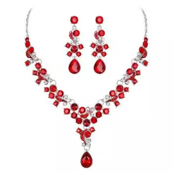 Роскошные женщины горный хрусталь цветок ожерелье серьги-гвоздики свадебный комплект ювелирных изделий красный