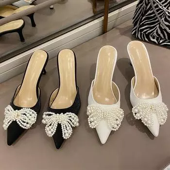 Роскошные женские атласные шлепанцы на высоком каблуке 7 см с белым жемчугом и бантом, шлепанцы на шпильке без шнуровки, женские шлепанцы, свадебные фетиш-туфли для невесты 35 белый