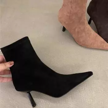 Роскошные женские бежево-черные сапоги-носки на шпильках, тонкие, высокие каблуки, эластичные вязаные сапоги, зимние сапоги из эластичной ткани, большие размеры 35