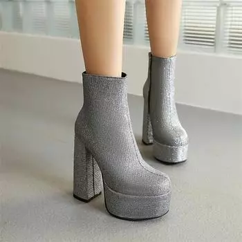 Роскошные женские ботильоны на платформе 2024 года, зимние, с блестками, на блочном каблуке, короткие ботинки, серебристые, розовые, золотые, танцевальные туфли, большой размер 45 34 розовый