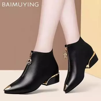 Роскошные женские ботильоны с острым носком, массивные кожаные туфли на молнии, женские зимние туфли-лодочки 2025 года, модные зимние туфли-лодочки Chelsea Botas Mujer 35 бежевый