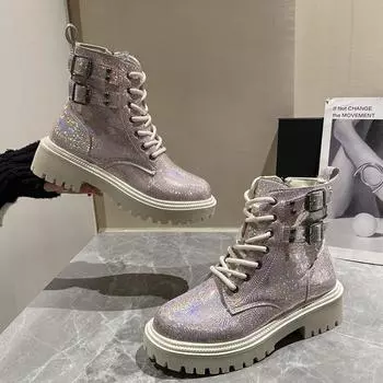 Роскошные женские ботильоны с пайетками, удобные короткие сапоги на плоской подошве с блочным каблуком, женские туфли для вечеринок на осень-зиму, большой размер 42 35