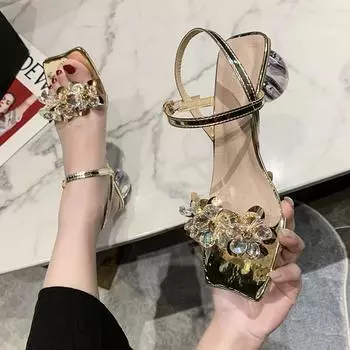 Роскошные женские брендовые сандалии на массивном каблуке, обувь на среднем каблуке, сезон: весна–лето, новая мода, платье с кристаллами, вечерние женские тапочки с открытой пяткой 39 золотой