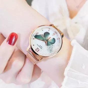 Роскошные женские часы с металлической сеткой, часы из розового золота с браслетом из нержавеющей стали и бабочкой, женские кварцевые часы Relogio Feminino синий