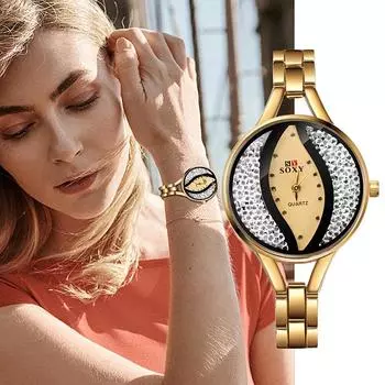 SOXY Роскошные женские часы с круглым циферблатом со стразами, женские часы, модный браслет из нержавеющей стали, кварцевые часы серебряный