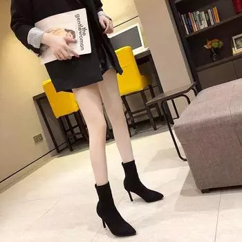 Роскошные женские черные сапоги-носки из флока на шпильках, тонкие, высокие каблуки, эластичные вязаные сапоги, зимние ботильоны из эластичной ткани 34