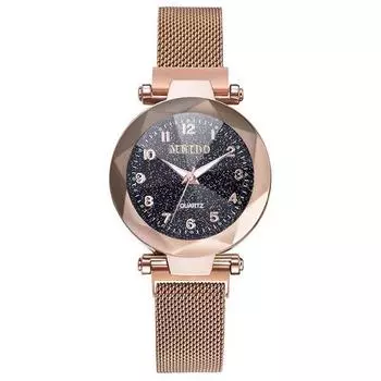 Роскошные женские кварцевые наручные часы с циферблатом в виде звёздного неба и металлическим ремешком розового золота