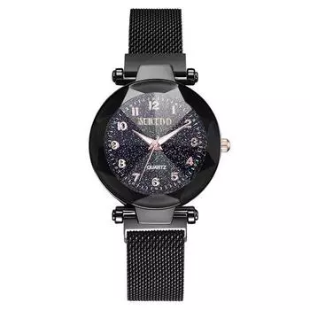 Роскошные женские кварцевые наручные часы с циферблатом в виде звёздного неба и металлическим ремешком чёрный