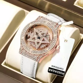 Роскошные женские наручные часы с пятиконечной звездой, полностью бриллиантовые часы для женщин, высококачественные водонепроницаемые кожаные женские кварцевые часы, классические часы из розового золота розового золота