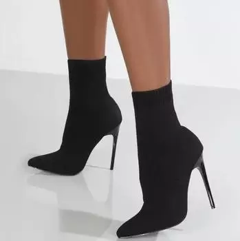 Роскошные женские носки, женская обувь из эластичной ткани, женские ботильоны с острым носком на высоком каблуке, сексуальные ботинки челси без шнуровки на каблуке, размер 36 бежевый