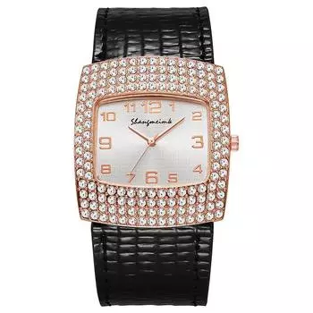 Роскошные женские новые простые часы с бриллиантами в виде звезд, кварцевые, модные, для платья, черные кожаные женские часы чёрный