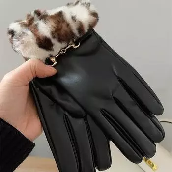 Роскошные женские перчатки из искусственной кожи, зимние теплые перчатки с цепочкой для велоспорта на открытом воздухе, модная леопардовая отделка из искусственного меха, манжеты с термоподкладкой