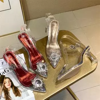 Роскошные женские прозрачные сандалии на высоком каблуке 7 см, кристально прозрачные сандалии на низком каблуке с цветком солнца, свадебные туфли больших размеров 35 красный