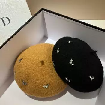 Роскошные женские шерстяные береты со стразами и звездами, зимняя теплая шапка-бини, модные женские шляпы французского художника, винтажные женские береты