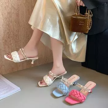 Роскошные женские шлёпанцы на высоком каблуке, фетиш-лодочки, индивидуальные плетеные туфли для отдыха, синие офисные женские туфли для выпускного вечера, женская обувь 35 бежевый