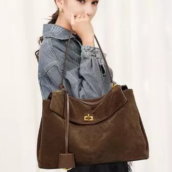 Роскошные женские сумки-тоуты из натуральной замши коричневого цвета с пряжкой, золотистые сумки через плечо, модные женские сумки