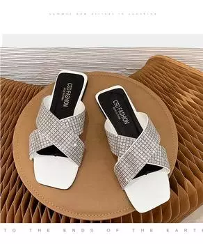 Роскошные женские тапочки с кристаллами. Летняя обувь. Модные повседневные удобные блестящие дизайнерские шлепанцы Chinelos с квадратным носком на плоском каблуке. 42 чёрный