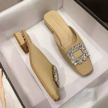 роскошные женские тапочки со стразами и пряжкой, квадратный носок, низкий каблук, полуприцепная обувь для отдыха на открытом воздухе, женские тапочки со стразами, сандалии mujer 5 хаки