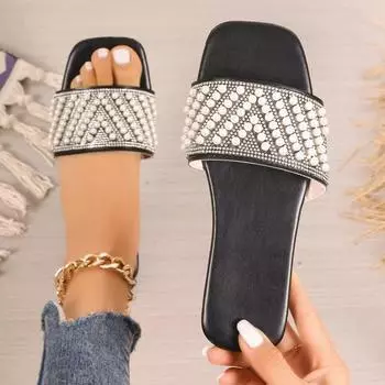 Роскошные женские тапочки, женские сандалии со стразами и жемчугом, летние уличные пляжные сексуальные тапочки с открытым носком на плоской подошве, большие размеры 36-43 36