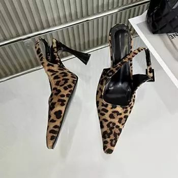 Роскошные женские туфли-лодочки с леопардовым принтом, заостренные, с пряжкой, на ремешке, с открытой пяткой, босоножки на высоком каблуке, женские темпераментные бархатные туфли 35
