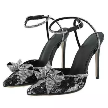 Роскошные женские туфли-лодочки со стразами и бабочкой, сексуальные босоножки с острым носком, с пряжкой на ремешке, тонкие туфли на высоком каблуке, женская обувь для вечеринок 35 чёрный