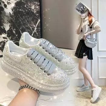 Роскошные женские туфли на каблуках с кристаллами, дизайнерские туфли на платформе, женские туфли с ремешком и бриллиантами, повседневные спортивные туфли со стразами, модные туфли на каблуках 35-42 35 серебряный
