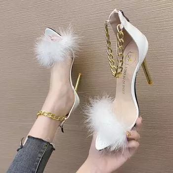 Роскошные женские туфли на высоком каблуке с цепочкой и мехом, дизайнерские брендовые сандалии на массивном каблуке, новые летние сексуальные туфли-лодочки, женские свадебные туфли на каблуке, Zapatos 43