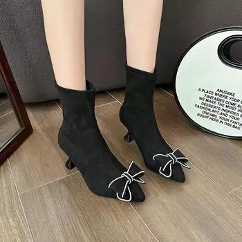 Роскошные женские замшевые ботильоны челси на среднем каблуке с кристаллами, новые брендовые туфли-лодочки 2024 года, зимняя мода, остроносые женские сапоги 35 чёрный