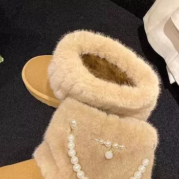 Роскошные зимние ботинки с бисером, женские модные зимние ботинки из искусственного меха, теплые зимние ботинки с круглым носком и нескользящим жемчужным принтом 36 чёрный