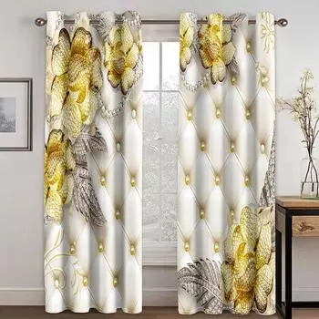 Роскошные золотые цветочные розы Diomand для девочек, занавески на окна, для гостиной, детской спальни, кухни, двери, домашний декор, 2 шт. W50 X H130(CM)X2&Hook