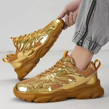 Роскошные золотые кроссовки мужские глянцевые повседневные мужские кроссовки модные сетчатые легкие кроссовки мужские zapatillas de hombre 38