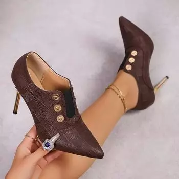 Роскошные золотые металлические украшения Ботильоны женские 2025 Осень Сексуальные с острым носком Супер высокий каблук Ботильоны Слипоны Тонкая подошва 35 коричневый