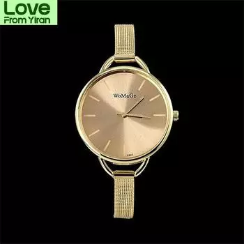 Роскошные золотые женские наручные часы бренда Womage Ladies Ultra Slim Stainless Steele Mesh Mini Bracelet Quartz Watch