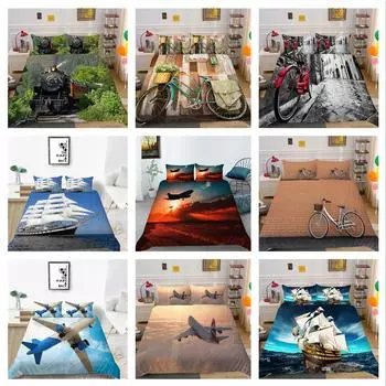 Роскошный 3D-комплект постельного белья с рисунком автомобиля, пододеяльник и наволочка, 2 или 3 предмета с корабельным или велосипедным принтом, полноразмерное удобное моющееся постельное белье UK Single 135x200cm