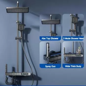 Роскошный 4-функциональный дисплей температуры душевой набор настенное крепление пианино клавиши дождь горячий холодный душ смеситель набор для ванной комнаты серый