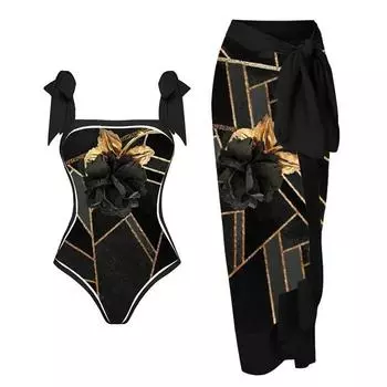Роскошный элегантный комплект бикини с цветочным принтом, купальник и юбка, асимметричный цельный купальник, женский купальник S чёрный
