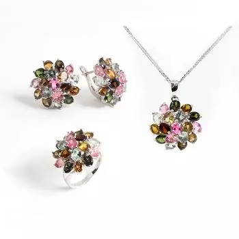 Роскошный элегантный натуральный многоцветный турмалиновый драгоценный камень, комплект ювелирных изделий из стерлингового серебра 925 пробы, драгоценные камни для женщин, подарок на День святого Валентина US RING SIZE:6# разноцветный