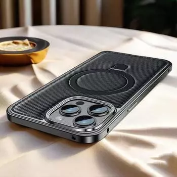 Роскошный алюминиевый металлический чехол MagSafe с магнитной подставкой для iPhone 16 15 14 Pro Max с текстурой из углеродного волокна и кожаной рамкой For iPhone 16 Pro Max чёрный