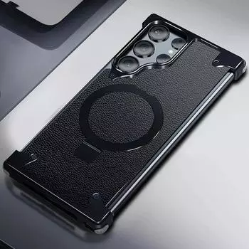 Роскошный алюминиевый сплав магнитная подставка безрамочный чехол для телефона Samsung Galaxy S24 S23 Ultra Magsafe кожаный матовый чехол For Samsung S24 Ultra