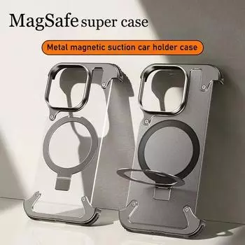 Роскошный алюминиевый сплав магнитная подставка безрамочный чехол для телефона iPhone 16 15 14 13 Pro Max Magsafe кожаный матовый чехол For iPhone 16 Pro Max