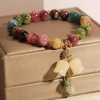 Роскошный аксессуар для женщин, браслет в стиле бохо с турмалином и орхидеей, разноцветный бисер, идеальный подарок, идеально подходит для повседневного наряда, 1 шт., ювелирные изделия разноцветный