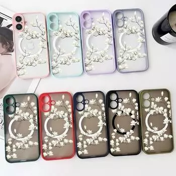 Роскошный белый цветочный принт магнитный чехол для iPhone 16 Pro Max 15 Plus 14 13 Pro 12 11 7 8 для Magsafe прозрачный противоударный мягкий матовый чехол для телефона iPhone 16 чёрный