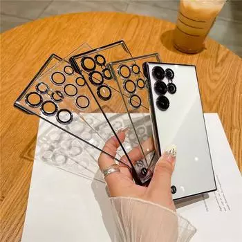 Роскошный бескаркасный жесткий чехол для телефона с прозрачным покрытием для Samsung Galaxy S24 Ultra Plus S24Ultra с защитной пленкой для объектива For Galaxy S24 чёрный