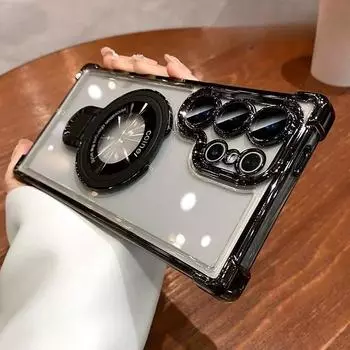 Роскошный беспроводной зарядный чехол Magsafe Ring Bracket для Samsung Galaxy S25 S24 Ultra S23 S22 S21 Plus Прозрачный магнитный чехол For Samsung S24 Ultra чёрный