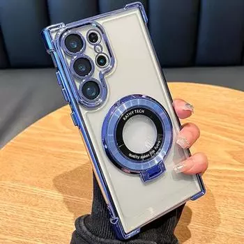 Роскошный беспроводной зарядный чехол Magsafe Ring Bracket для Samsung Galaxy S24 Ultra S23 S22 S21 Plus Прозрачный магнитный бампер For Samsung S24 Ultra чёрный