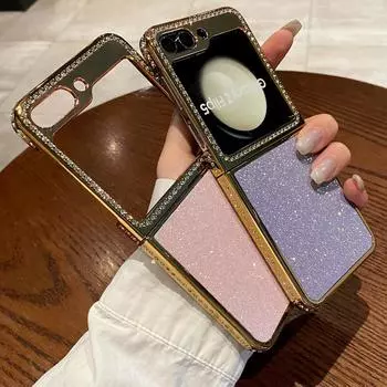 Роскошный блестящий алмазный складной чехол из 2 предметов для Samsung Galaxy Z Flip6 Flip5 Flip4 Flip3 Жесткий ПК ударопрочный тонкий чехол для телефона Samsung Z Flip6 чёрный