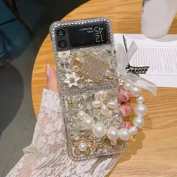 Роскошный блестящий чехол для телефона со стразами для Samsung Galaxy Z Flip 4 3, прозрачный жесткий чехол с портативным жемчужным браслетом, веревка через плечо For Samsung Z Flip 4