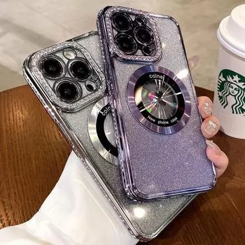 Роскошный блестящий чехол Magsafe с беспроводной зарядкой Diamond для iPhone 14 13 12 11 Pro Max Plus, чехлы с магнитным бампером For iPhone 11 чёрный